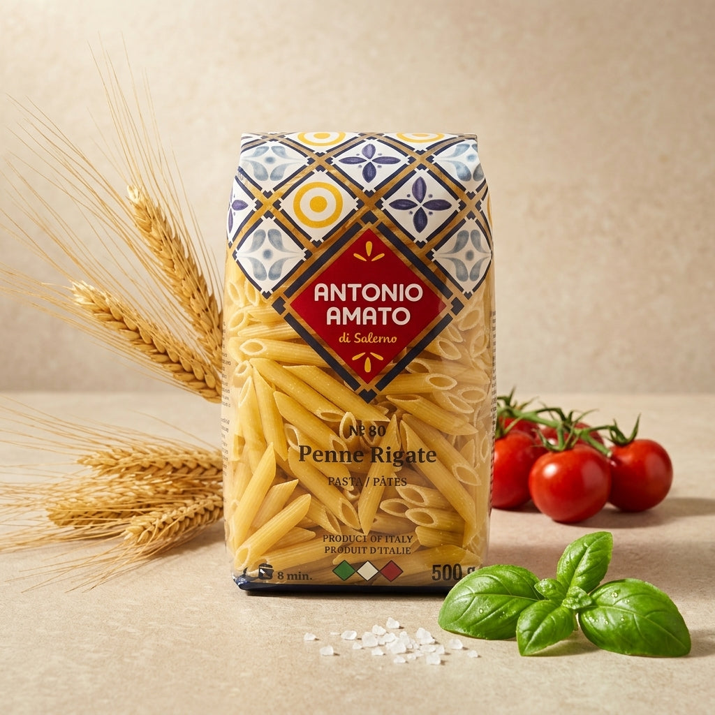 Antonio Amato Penne Rigate — mise en scène avec blé, basilic et tomates cerises