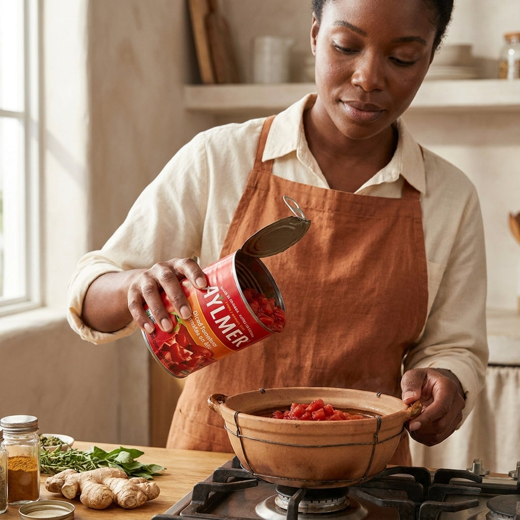 Aylmer Tomates en dés — femme versant un plat en cuisine