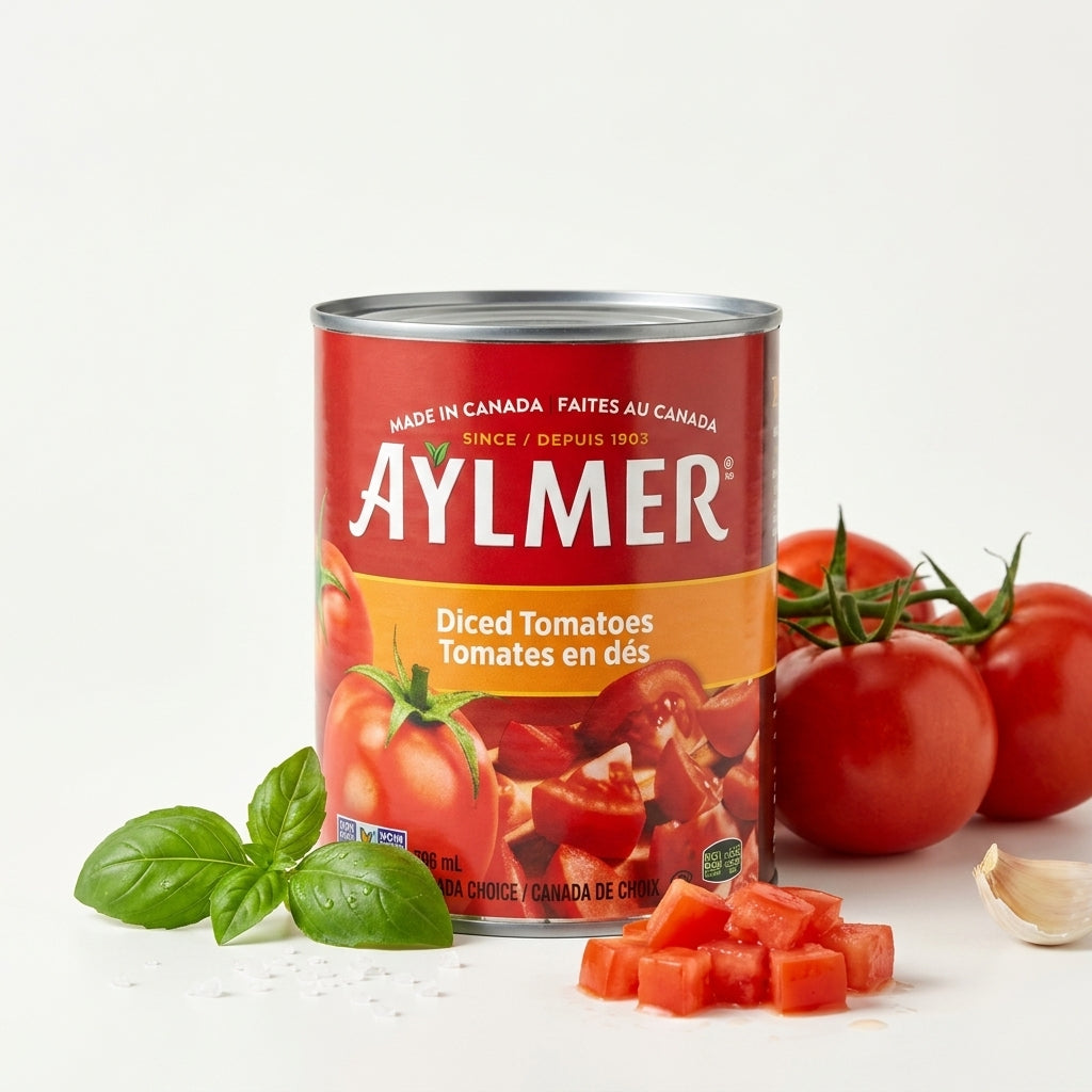 Aylmer Tomates en dés — mise en scène avec basilic, ail, tomates fraîches