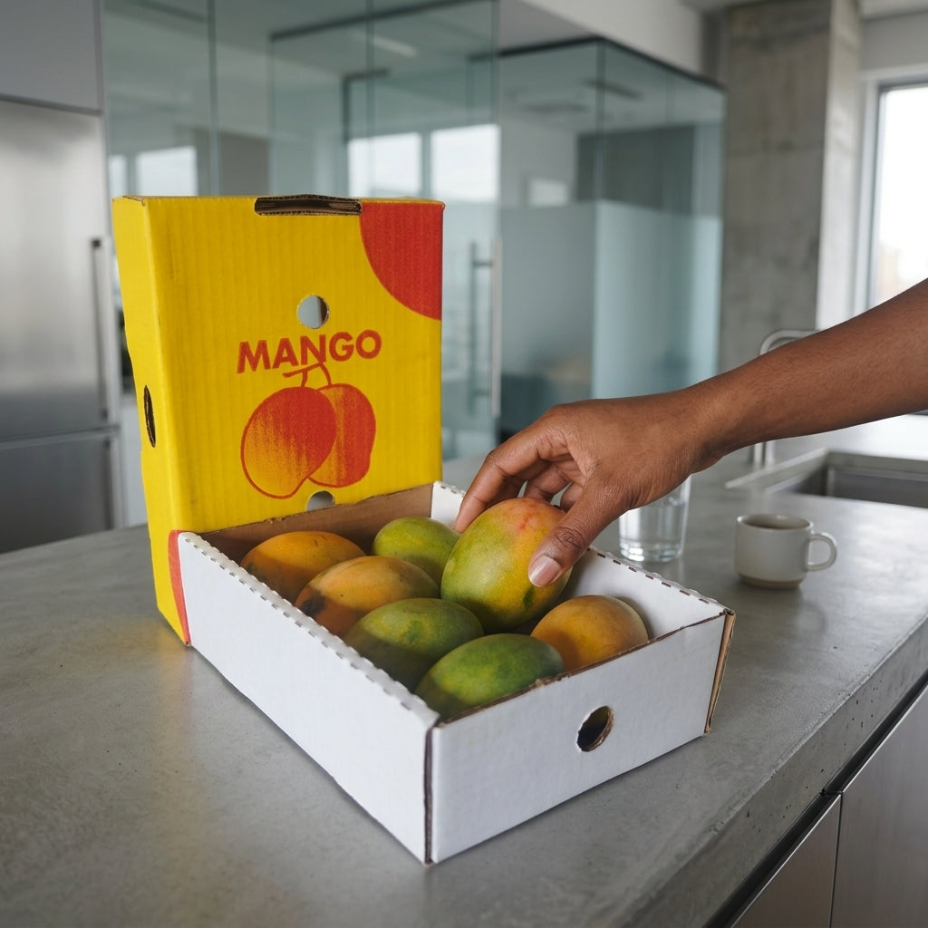 Mangues fraîches — main prenant une mangue en cuisine