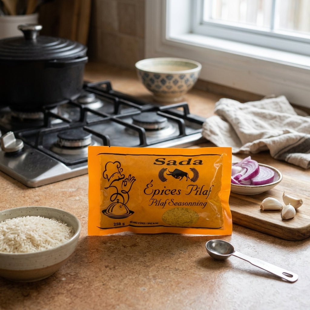 Sada Épices Pilaf 250 g — ambiance cuisine avec cocotte de riz et oignon