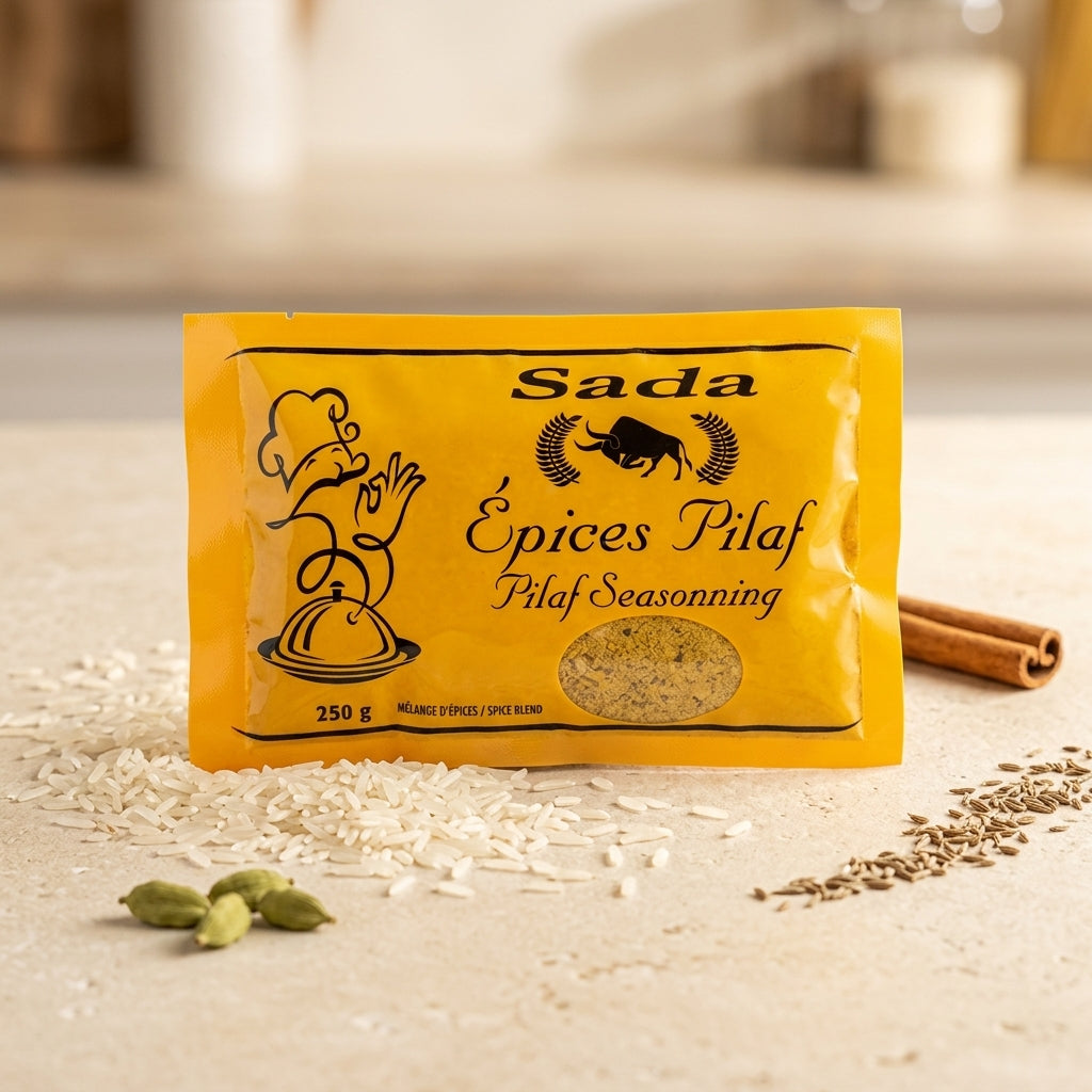 Sada Épices Pilaf 250 g — mise en scène avec riz, cardamome et cannelle