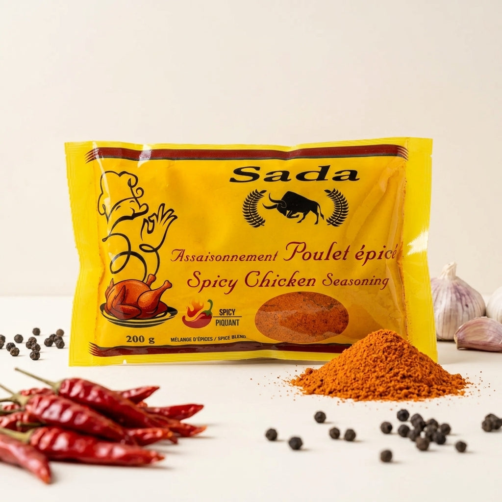 Sada Poulet épicé 200 g — mise en scène avec piments rouges, ail et poudre